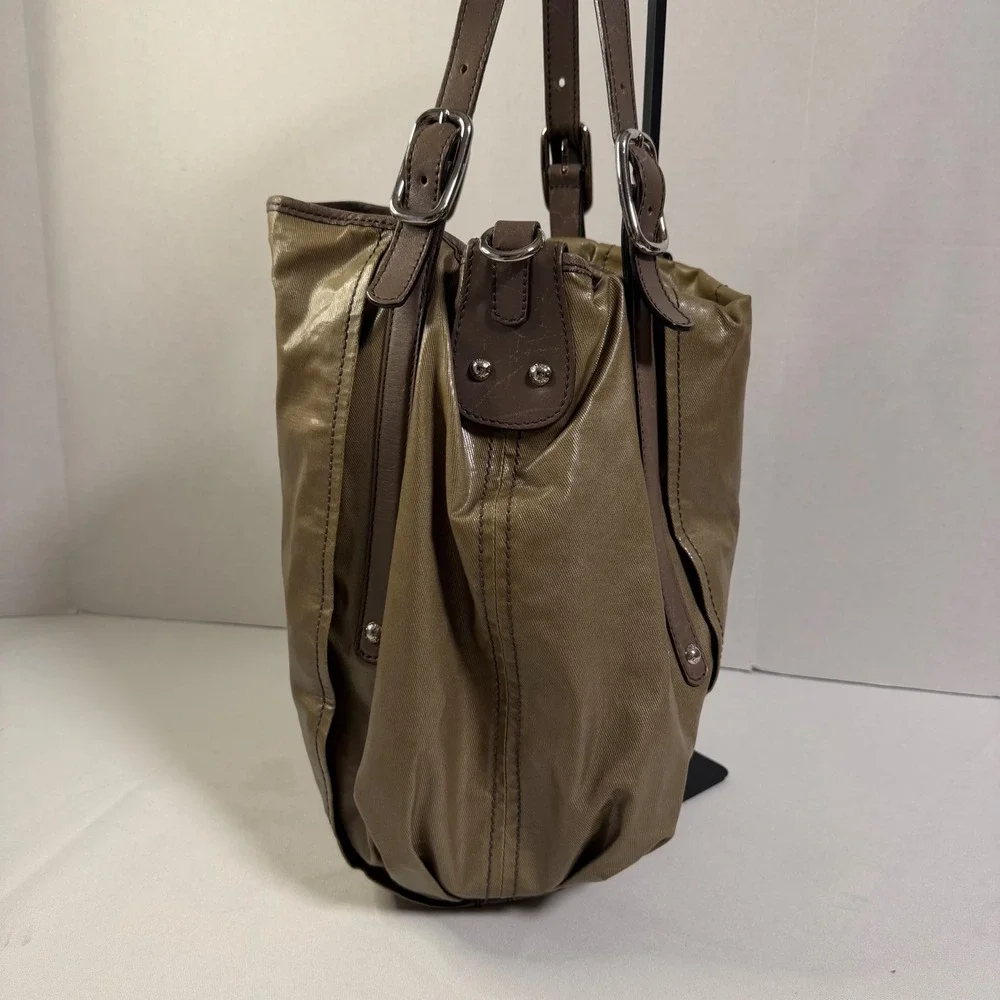 Tod's Shoulder Bag Medium Bronze Coated Canvas Leather Trim Tote + Luxury Hobo